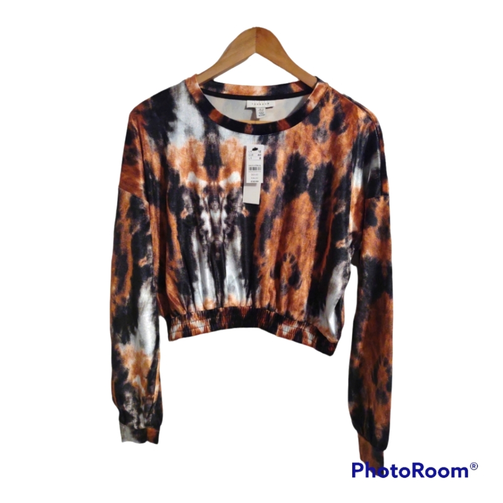 Topshop Women's Tie Dye Long Sleeve Stretch Velvet Top In Orange Multi - Picture 2 of 6